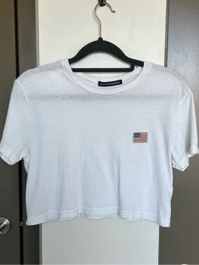 Brandy Melville White Cropped Tee w/ American Flag Patch